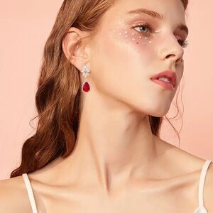 Gold and Red Floral Teardrop Earrings. Christmas Party earrings